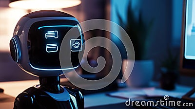 Holographic customer service bot resolving billing issues on desktop screen. Generative AI Stock Photo