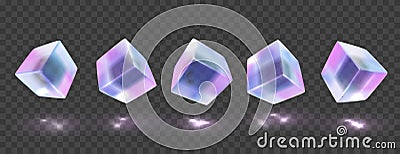 Holographic 3D crystal glass cubes isolated on transparent black background. Vector realistic transparent glass crystal Vector Illustration