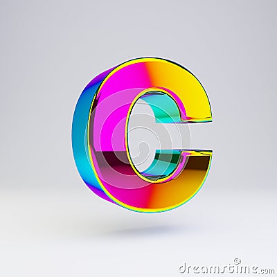 Holographic 3d letter C uppercase. Glossy font with multicolor reflections and shadow isolated on white background Stock Photo