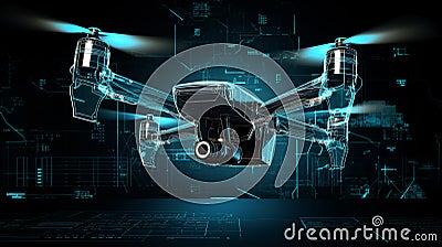 Holographic drone diagram: 3D projection showing drone components like rotors, camera, and sensors Stock Photo