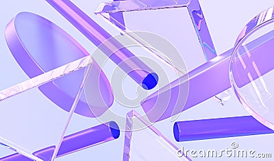 Holographic and glass geometric shapes 3d render. Flying iridescent hologram cylinders, tubes, crystal disks, triangles Cartoon Illustration