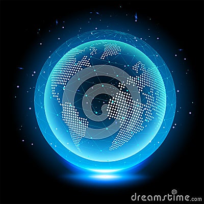 Holographic globe with continents. Computer Hologram Business Internet Background. Vector image. Vector Illustration