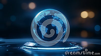Holographic globe rotating with real-time search queries, symbolizing instant global information access Stock Photo