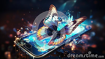 A holographic image of a beautiful butterfly emerging from the phone. Stock Photo