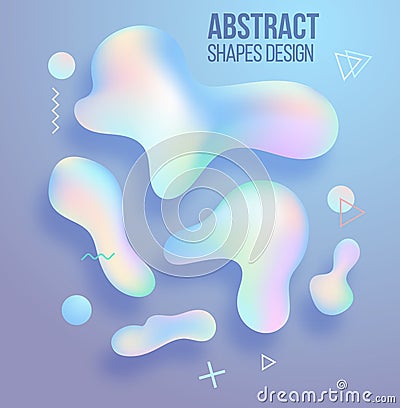 Holographic liquid shapes set. Abstract shapes on light-violet b Vector Illustration