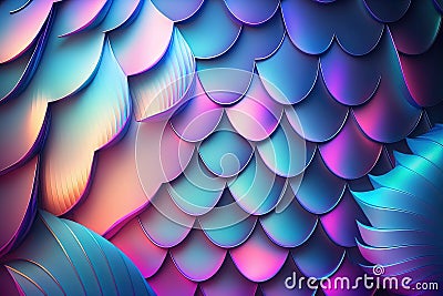 Holographic mermaid scales background. Neon light trendy design. Ai generative Stock Photo