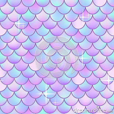 Holographic mermaid scales. Magic fish or dragon iridescent gradient scale background, color geometric seamless pattern Vector Illustration