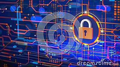 Holographic padlock amidst data streams and binary code in high-tech security setting Stock Photo