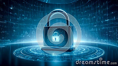 A holographic padlock icon with flowing data streams and encryption lines. Cybersecurity and privacy concept of data Stock Photo