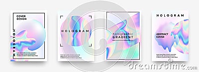 Holographic posters. Gradient minimal iridescent foil graphic mesh, neon purple 90s trendy effect. Vector abstract Vector Illustration