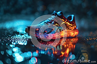 Holographic projection of a sports sneaker with neon lighting on navy blue background. Flickering flux of particle Stock Photo