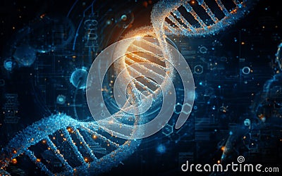 Holographic projector Shows a diagram of a DNA helix medical infographics genetic structure gene genome science molecule Stock Photo