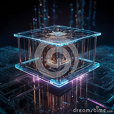 Holographic Quantum Computer Icon with Floating Qubits and Glowing Data Connections Stock Photo