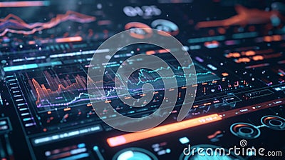 A holographic representation of an interactive dashboard displaying realtime market data and insights for wealth Stock Photo