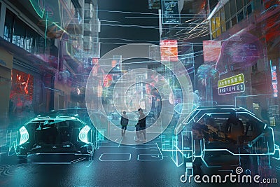 holographic scene of bustling cityscape, with holographic people and vehicles moving about Stock Photo