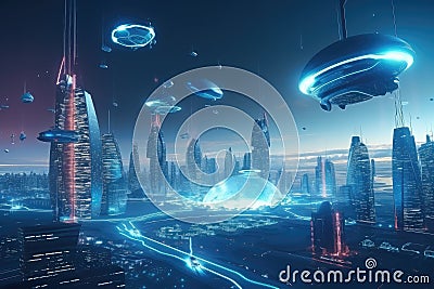 holographic scene of futuristic city with flying cars, robots and advanced technology Stock Photo