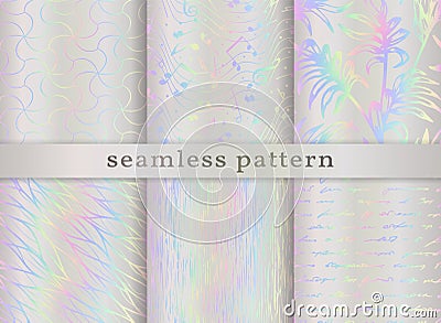 Holographic seamless pattern. Set iridescent background. Repeated rainbow pattern. Hologram texture. Repeating holograph foil prin Vector Illustration