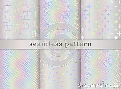 Holographic seamless pattern. Set iridescent background. Repeated rainbow pattern. Hologram texture. Repeating holograph foil prin Cartoon Illustration