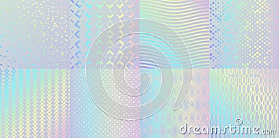 Holographic textures. Glitter foil confetti and metal rainbow gradient, pink and blue retro design. Vector trendy neon Vector Illustration