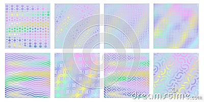 Holographic textures. Magic unicorn holo gradient with geometric patterns, iridescent rainbow colors backgrounds vector Vector Illustration