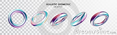 Holographic Torus in various projections on transparent background. Gradient holographic color realictick 3d torus model Vector Illustration