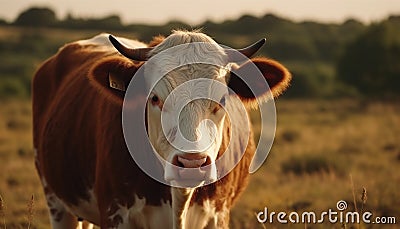 Holstein cattle grazing on a green meadow at sunset generated by AI Stock Photo