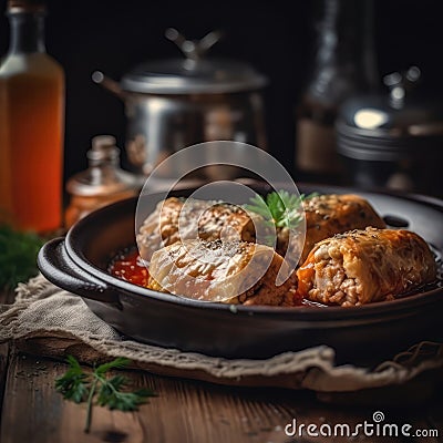 Holubtsi Stuffed Cabbage Rolls On Stone In Rustic Pub Ukrainian Dishes. Generative AI Stock Photo