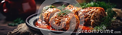 Holubtsi Stuffed Cabbage Rolls On Stone Rustic Pub Ukrainian Dishes Wide Panoramic. Generative AI Stock Photo