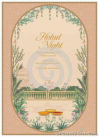 Traditional Indian Mughal Wedding Holud Night Invitation Card Design Vector Illustration