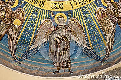 Archangel Barachiel. Beautiful Mosaic icon under the dome of the Orthodox Church Editorial Stock Photo