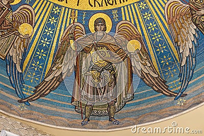 Archangel Michael. Beautiful Mosaic icon under the dome of the Orthodox Church Editorial Stock Photo