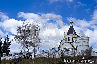 The Holy Assumption Monastery of the Krasnoyarsk Diocese, the Russian Orthodox Church, located on the banks of the Yenisei River, Stock Photo