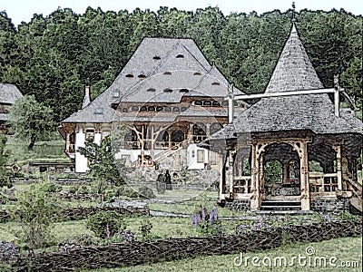 The Holy Barsana Monastery, made of stone and wood, Maramures County. Sketch Stock Photo