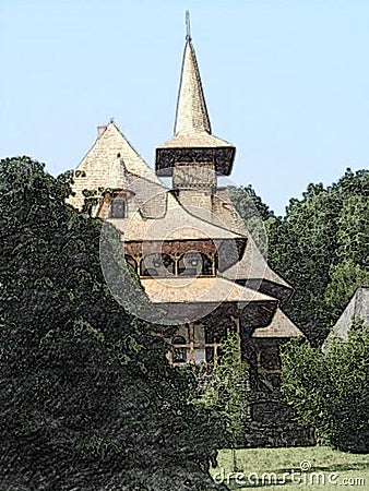 The Holy Barsana Monastery, made of stone and wood, Maramures County. Sketch Stock Photo