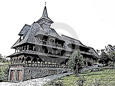 The Holy Barsana Monastery, made of stone and wood, Maramures County. Sketch Stock Photo