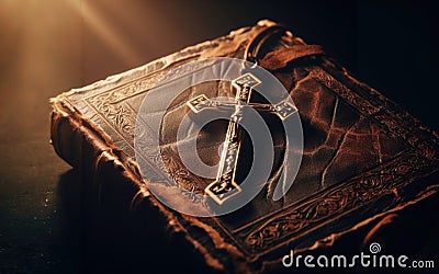 Holy Bible and Cross on Desk. Symbol of Humility, Supplication, Believe and Faith for Christian People. Spirituality Stock Photo