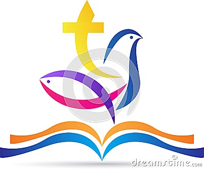 Holy bible with cross dove fish Vector Illustration