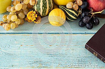 Holy Bible and fall fruits. Thanksgiving biblical concept. Stock Photo