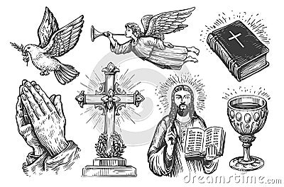 Holy Bible, hands folded in prayer, angel sketch. Religion symbols set. Collection of vintage illustrations Cartoon Illustration