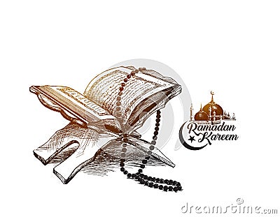 The holy book of the Koran on the stand with calligraphy stylish Vector Illustration