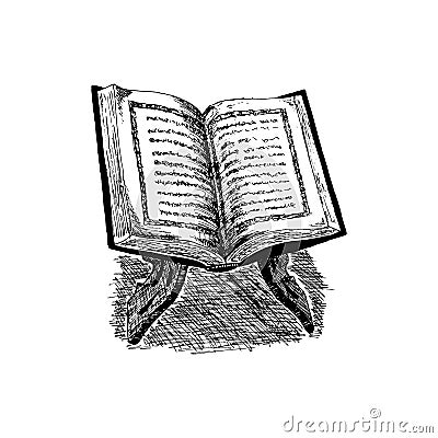 The holy book of the Koran on the stand, Hand Drawn Sketch Vector illustration. Cartoon Illustration