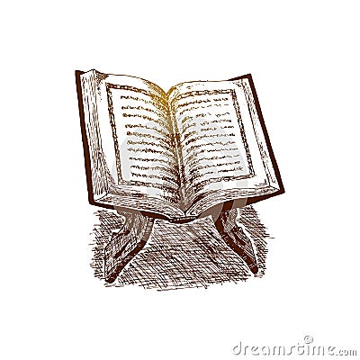 The holy book of the Koran on the stand, Hand Drawn Sketch Vector illustration. Cartoon Illustration