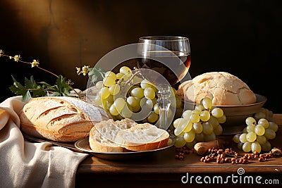 Holy Communion. A chalice of wine, bread, grapes and ears of wheat Stock Photo