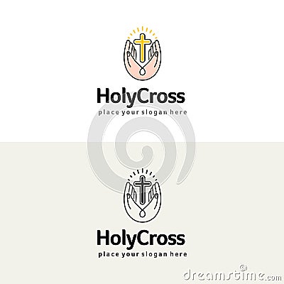 Holy cross in the hands. Christian church vector logo. Religion illustration. Vector Illustration