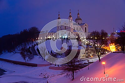 Holy Dormition Cathedral on Uspenskaya mountain above Western Dvina, evening winter landscape, Vitebsk, Belarus Stock Photo