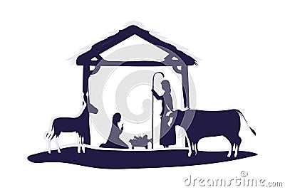 Holy family in stable with animals manger characters Vector Illustration