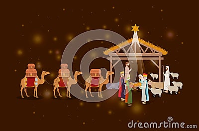 Holy family in stable with wise kings manger Vector Illustration