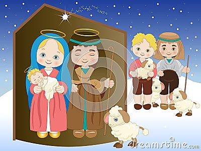 Holy Family and two crib shepherds with sheep Vector Illustration