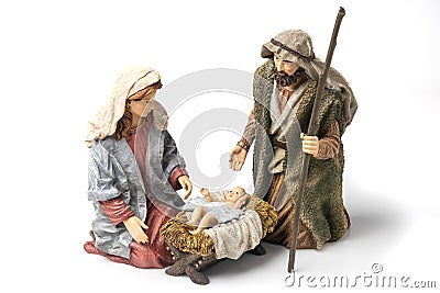 Holy Family: Virgin Mary, Saint Joseph, and Baby Jesus Ceramic Figurines Stock Photo