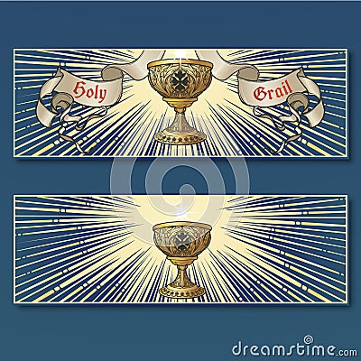 Holy Grail. Medieval gothic style concept art . Horizontal posters set Vector Illustration